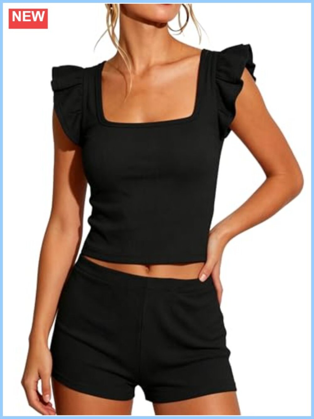 Ruffle Sleeve Pajama Set 2-Piece Square Neck Top & Shorts Soft Lounge